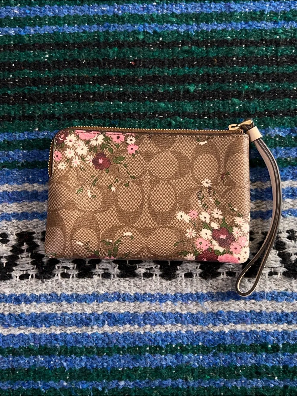 Coach Floral Logo Print Wristlet Wallet Coated Canvas Leather Gold Hardware